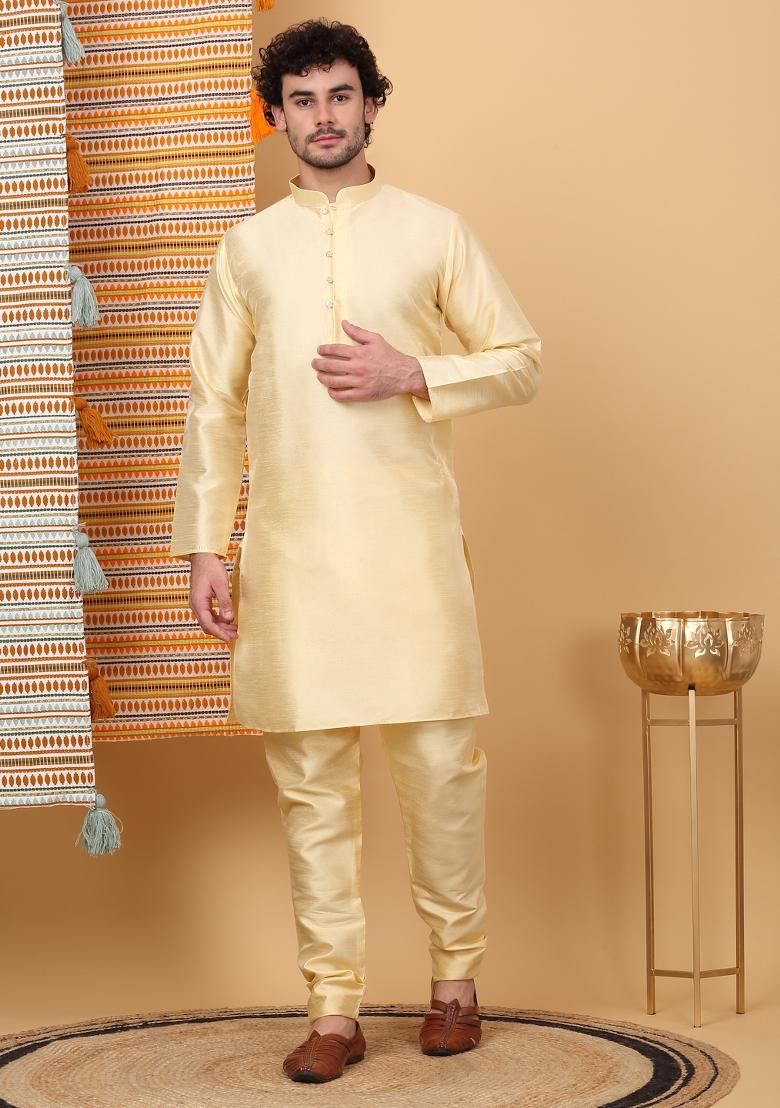 Beige And Navy Blue Paisley Print Silk Blend Nehru Jacket Set For Men