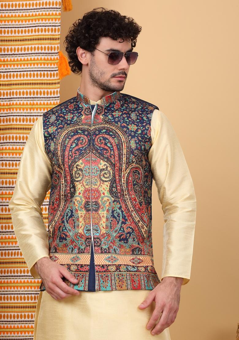 Beige And Navy Blue Paisley Print Silk Blend Nehru Jacket Set For Men