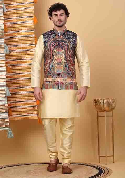 Beige And Navy Blue Paisley Print Silk Blend Nehru Jacket Set For Men