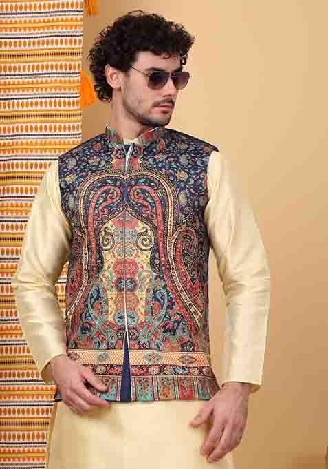 Beige And Navy Blue Paisley Print Silk Blend Nehru Jacket Set For Men