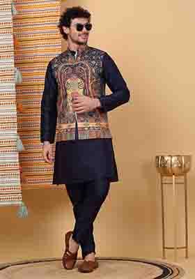 Navy Blue Paisley Print Silk Blend Nehru Jacket Set For Men