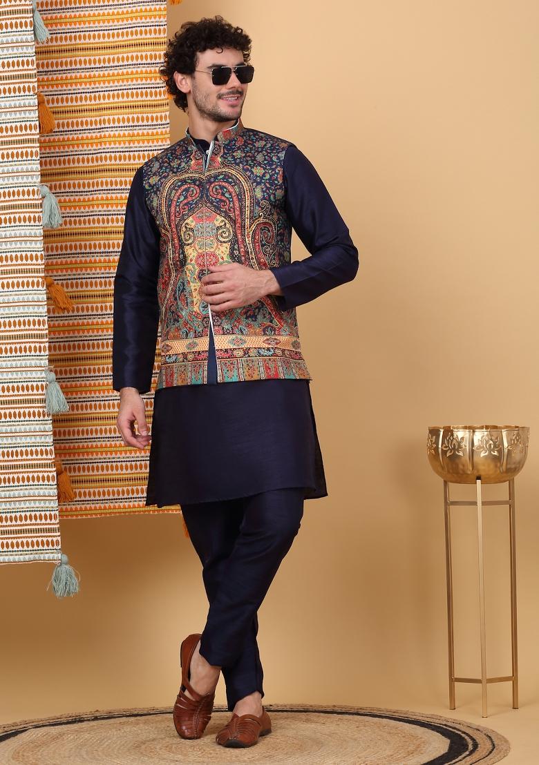 Navy Blue Paisley Print Silk Blend Nehru Jacket Set For Men