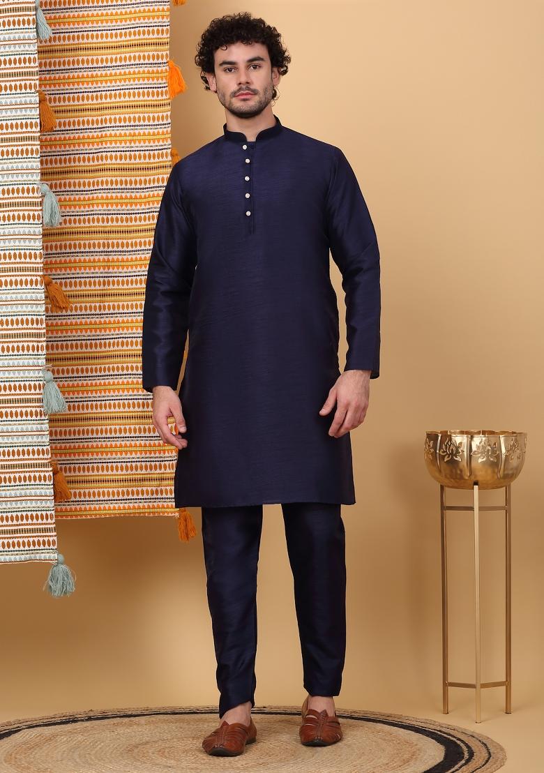 Navy Blue Paisley Print Silk Blend Nehru Jacket Set For Men