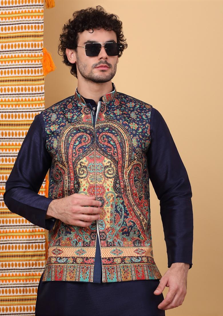 Navy Blue Paisley Print Silk Blend Nehru Jacket Set For Men