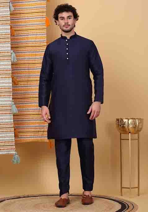 Navy Blue Paisley Print Silk Blend Nehru Jacket Set For Men