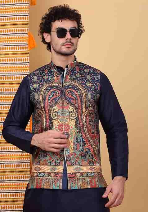 Navy Blue Paisley Print Silk Blend Nehru Jacket Set For Men