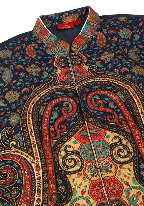 Navy Blue Paisley Print Silk Blend Nehru Jacket Set For Men