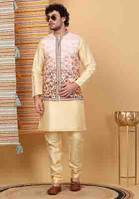 Beige Floral Embroided Silk Blend Nehru Jacket Set For Men