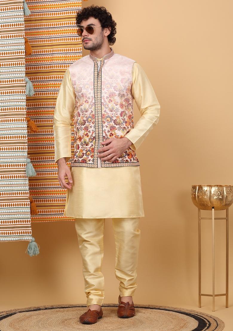Beige Floral Embroided Silk Blend Nehru Jacket Set For Men