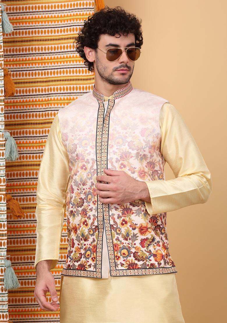 Beige Floral Embroided Silk Blend Nehru Jacket Set For Men