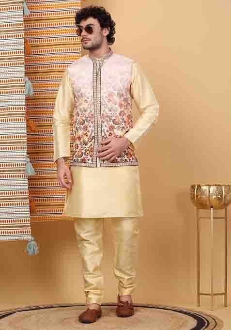 Beige Floral Embroided Silk Blend Nehru Jacket Set For Men