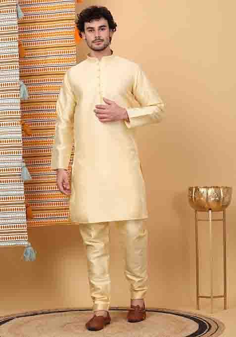 Beige Floral Embroided Silk Blend Nehru Jacket Set For Men