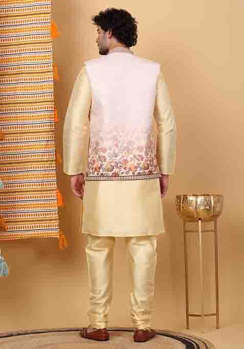 Beige Floral Embroided Silk Blend Nehru Jacket Set For Men