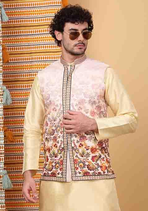 Beige Floral Embroided Silk Blend Nehru Jacket Set For Men