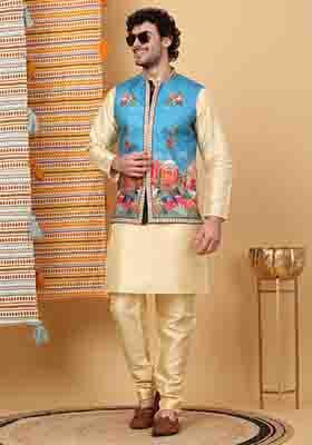Beige And Blue Ethnic Motifs Silk Blend Nehru Jacket Set For Men