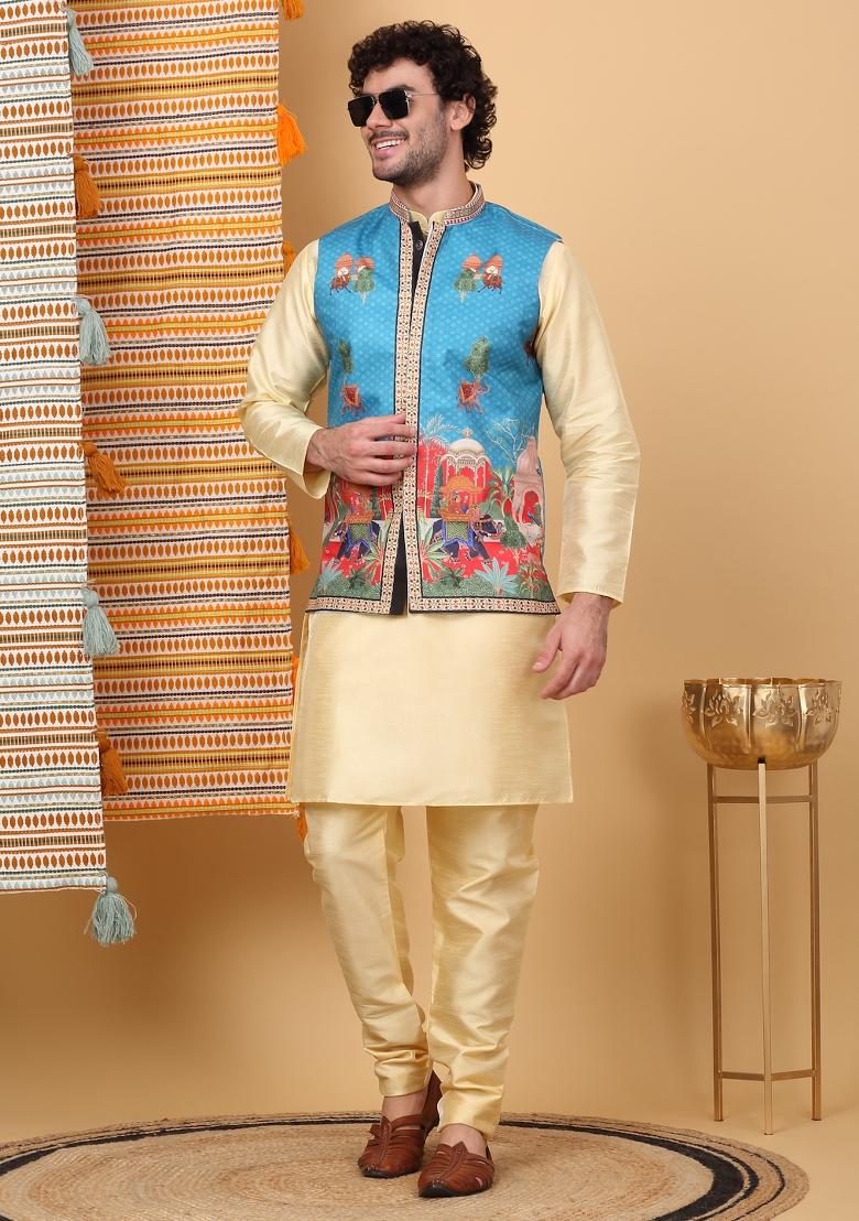 Beige And Blue Ethnic Motifs Silk Blend Nehru Jacket Set For Men