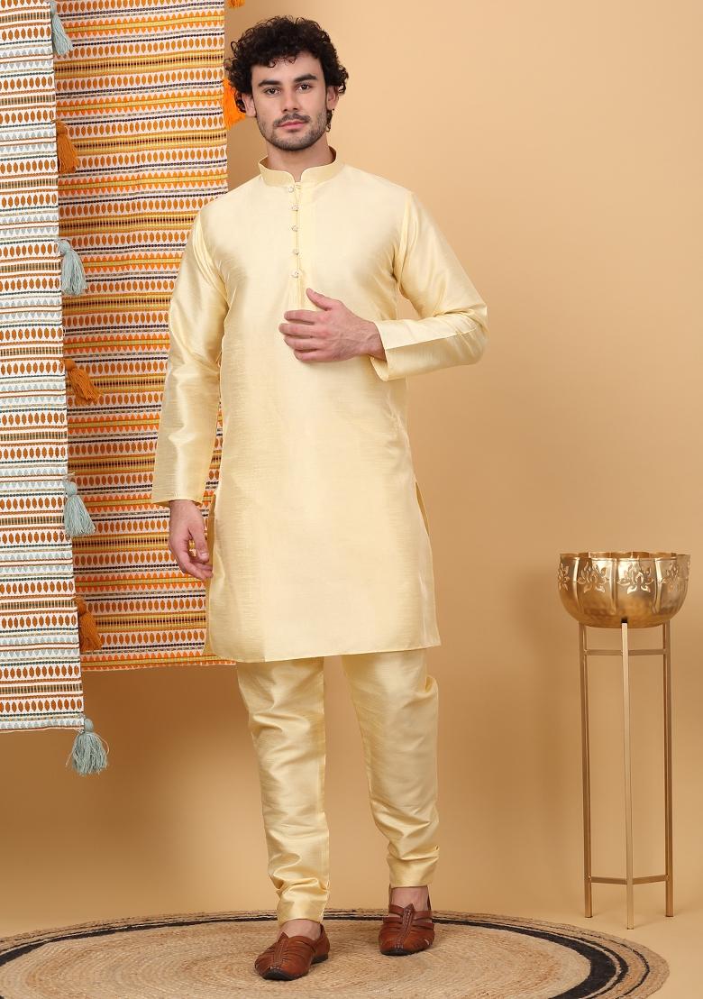 Beige And Blue Ethnic Motifs Silk Blend Nehru Jacket Set For Men