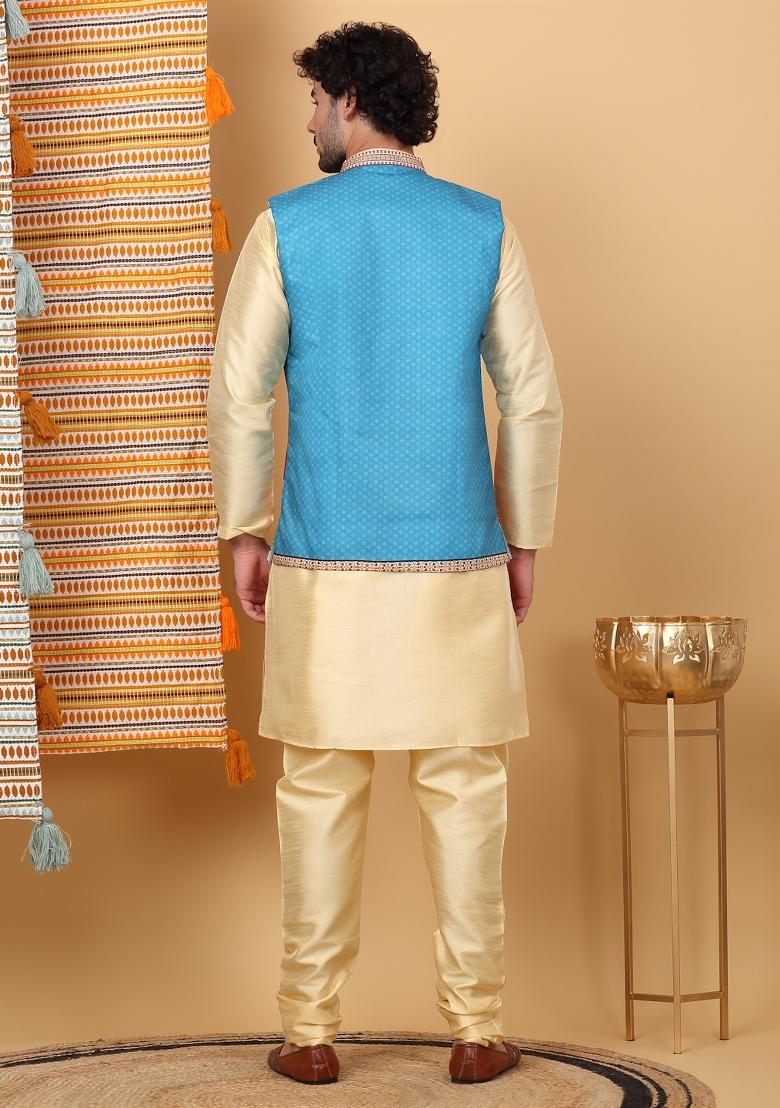 Beige And Blue Ethnic Motifs Silk Blend Nehru Jacket Set For Men