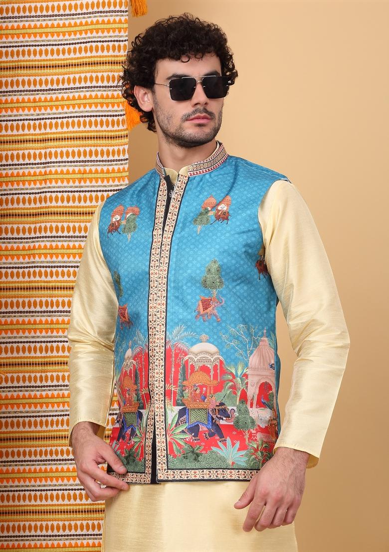 Beige And Blue Ethnic Motifs Silk Blend Nehru Jacket Set For Men