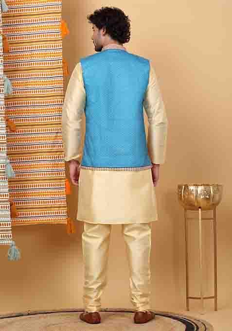 Beige And Blue Ethnic Motifs Silk Blend Nehru Jacket Set For Men