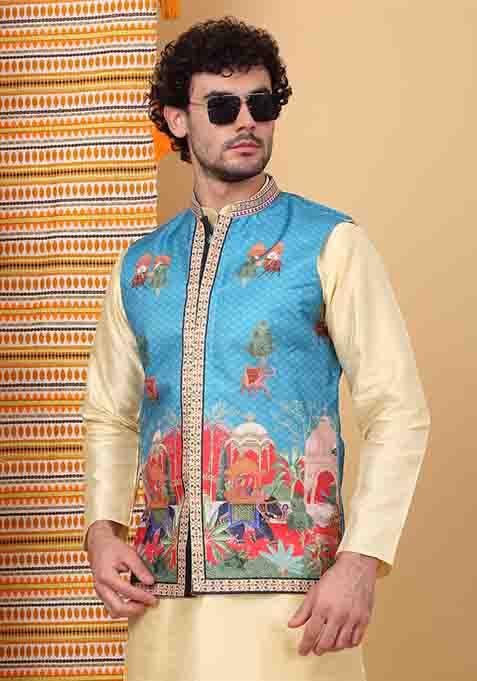 Beige And Blue Ethnic Motifs Silk Blend Nehru Jacket Set For Men