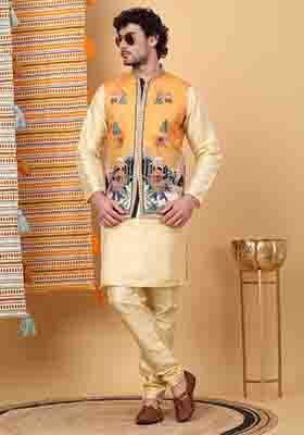 Beige And Mustard Ethnic Motifs Silk Blend Nehru Jacket Set For Men