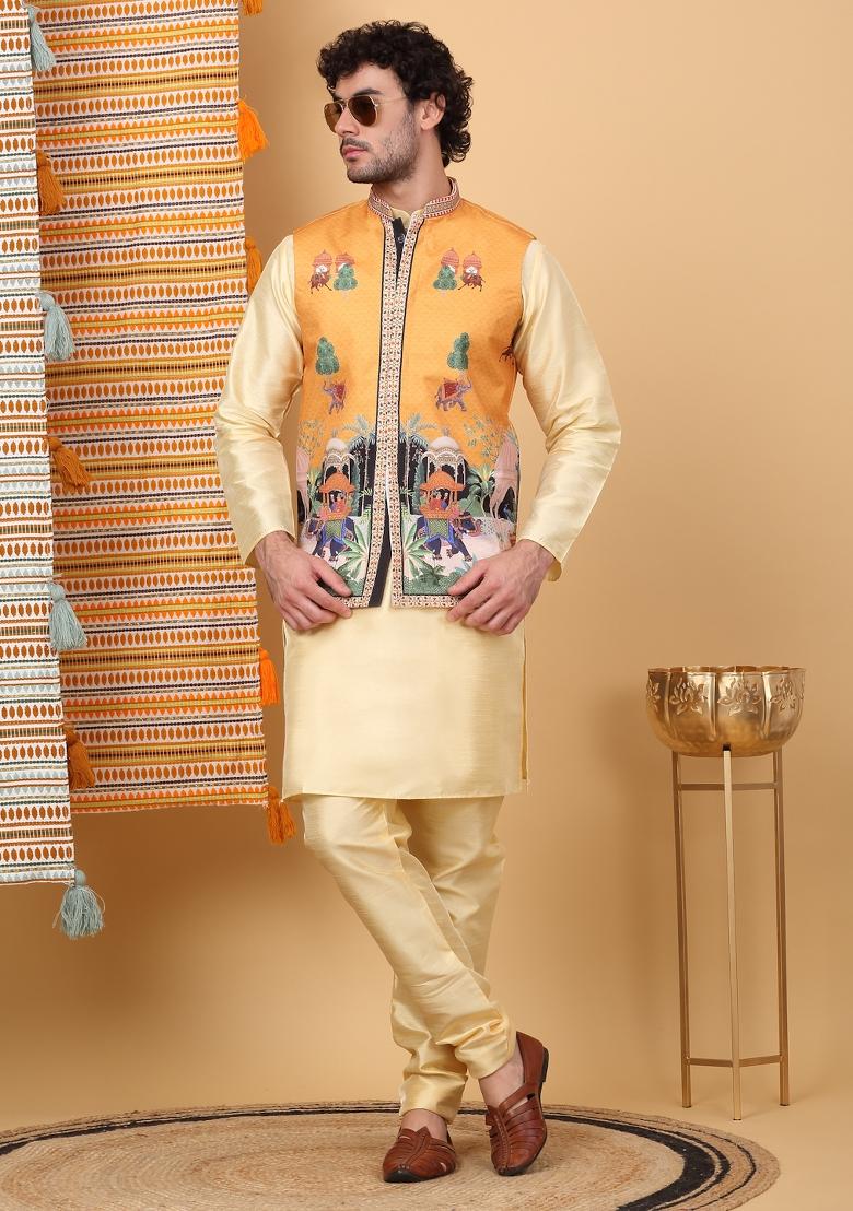 Beige And Mustard Ethnic Motifs Silk Blend Nehru Jacket Set For Men