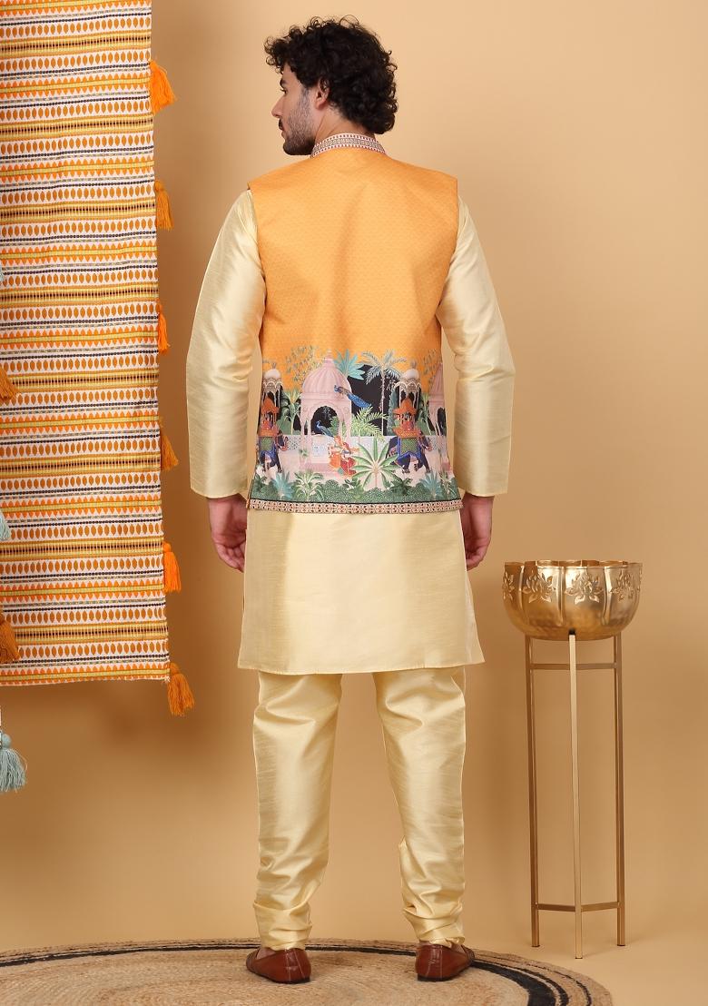 Beige And Mustard Ethnic Motifs Silk Blend Nehru Jacket Set For Men