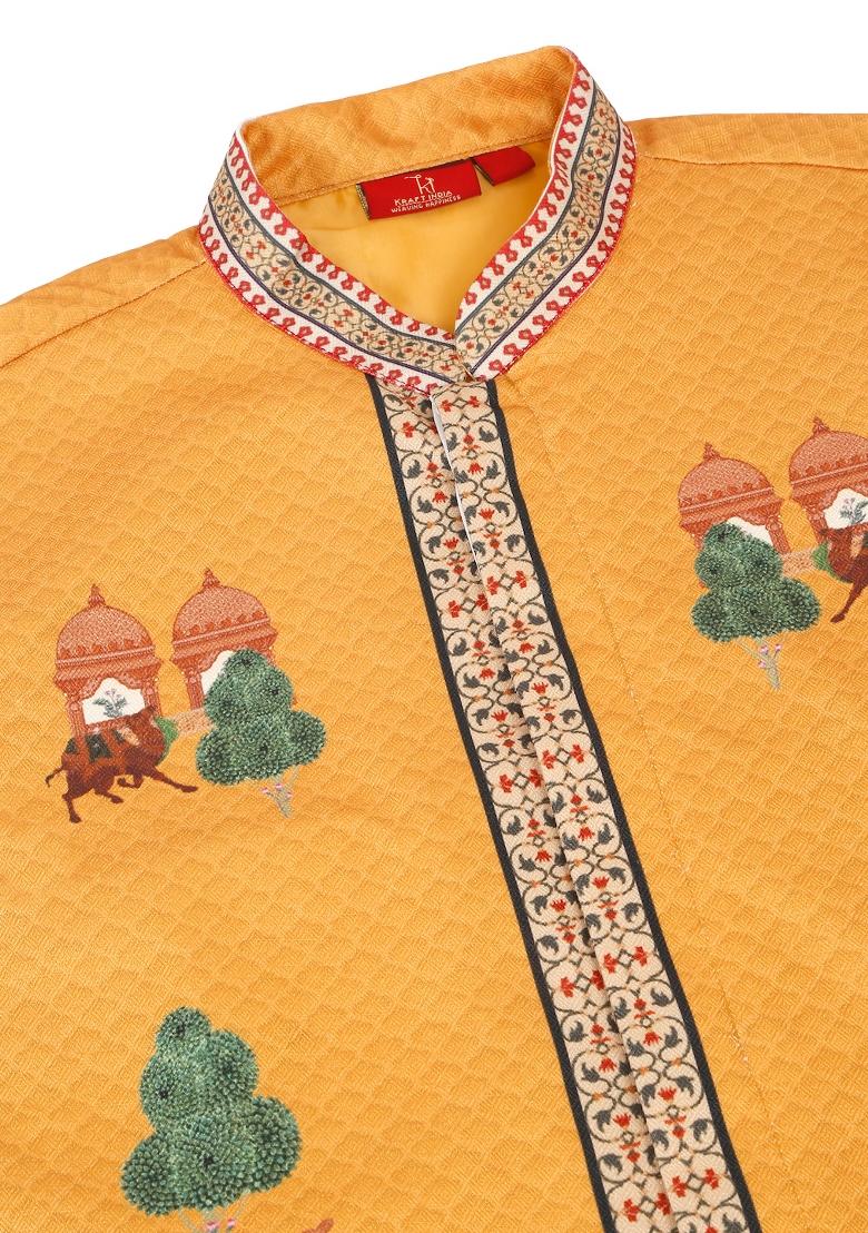 Beige And Mustard Ethnic Motifs Silk Blend Nehru Jacket Set For Men