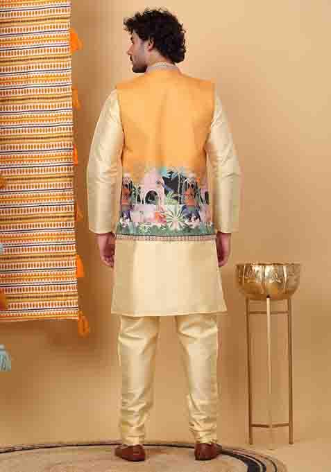 Beige And Mustard Ethnic Motifs Silk Blend Nehru Jacket Set For Men