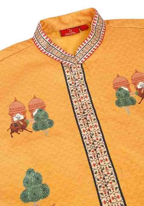 Beige And Mustard Ethnic Motifs Silk Blend Nehru Jacket Set For Men