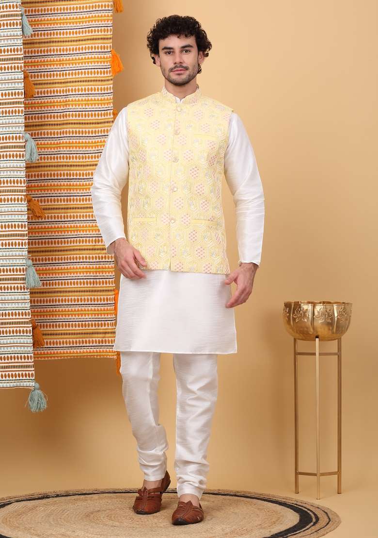 Cream And Lime Yellow Embroidered Silk Blend Nehru Jacket Set For Men - Indya