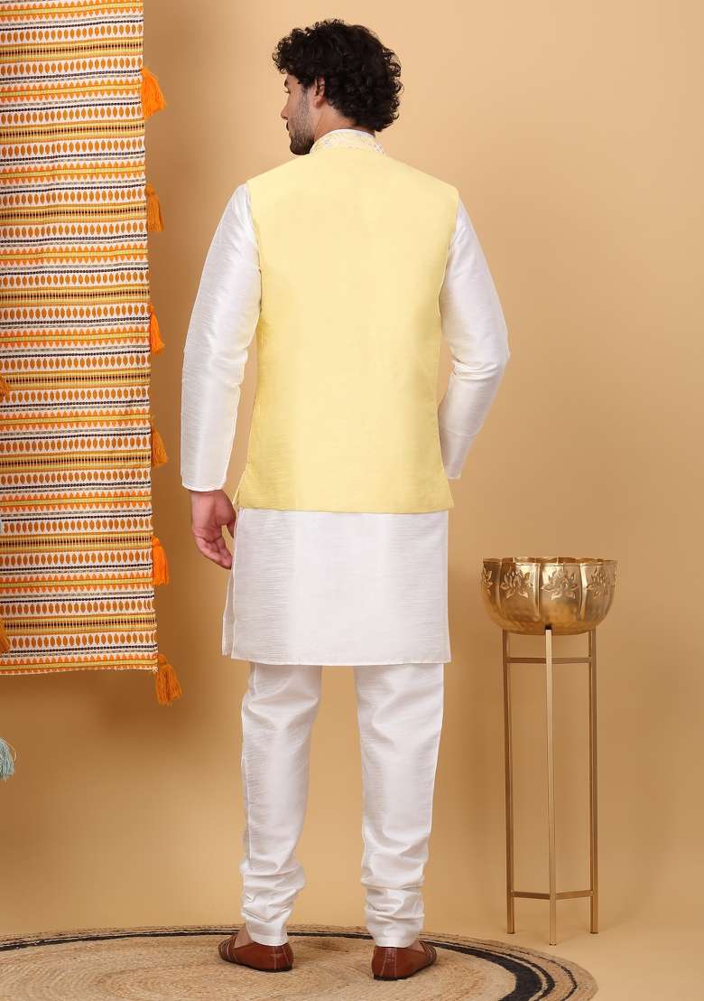 Cream And Lime Yellow Embroidered Silk Blend Nehru Jacket Set For Men - Indya