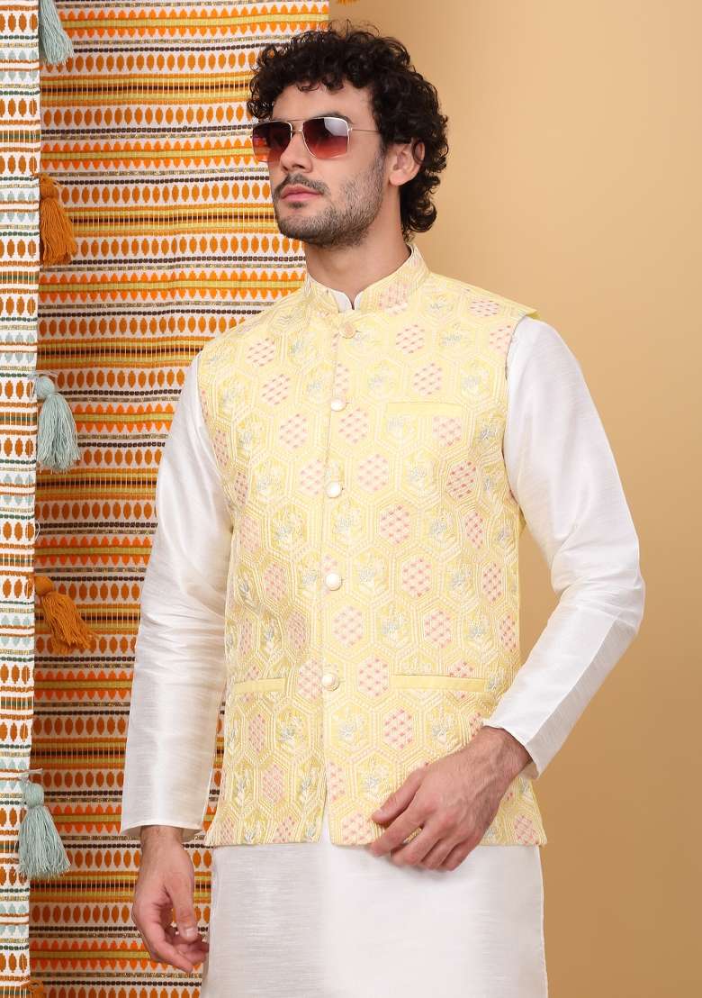 Cream And Lime Yellow Embroidered Silk Blend Nehru Jacket Set For Men - Indya