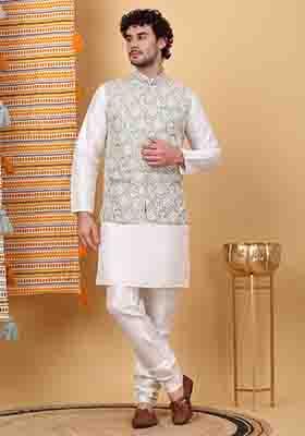 Cream And Olive Embroidered Silk Blend Nehru Jacket Set For Men