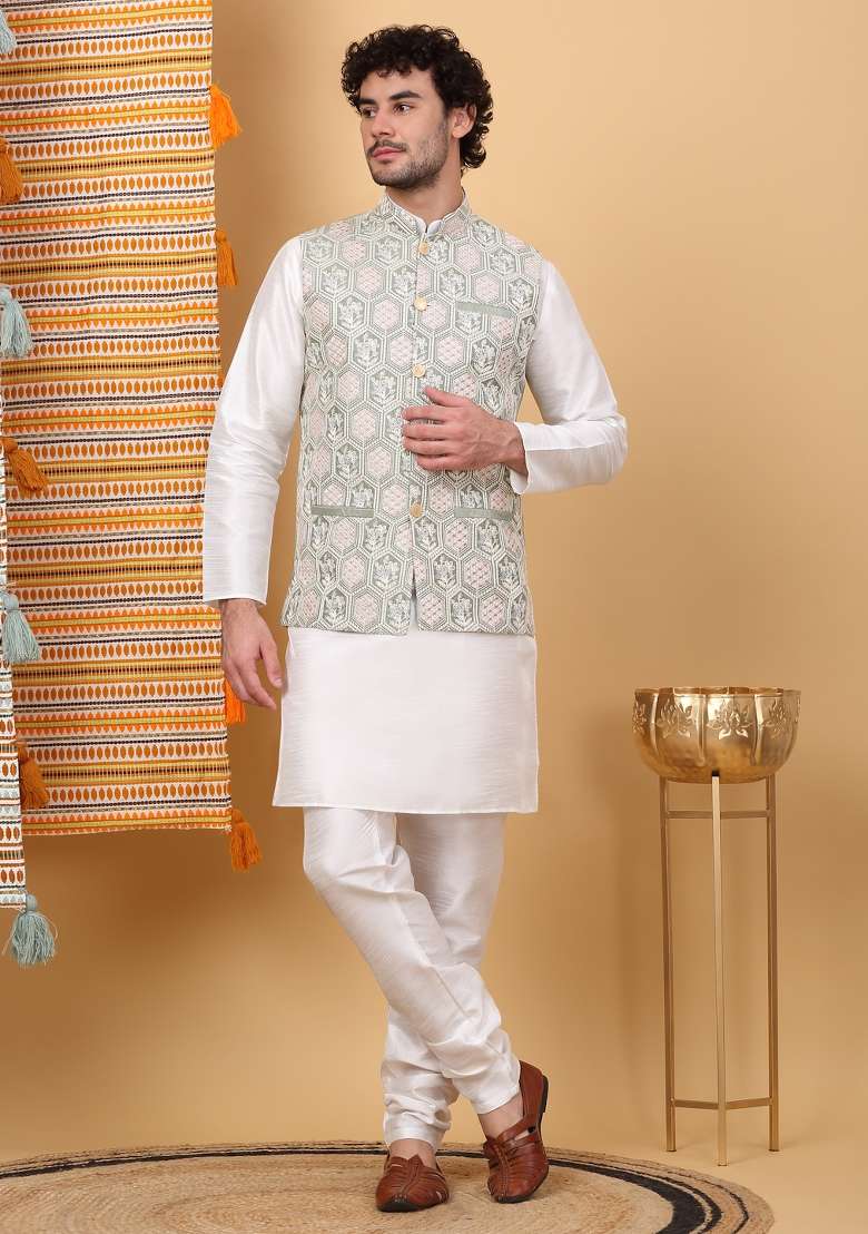 Cream And Olive Embroidered Silk Blend Nehru Jacket Set For Men - Indya