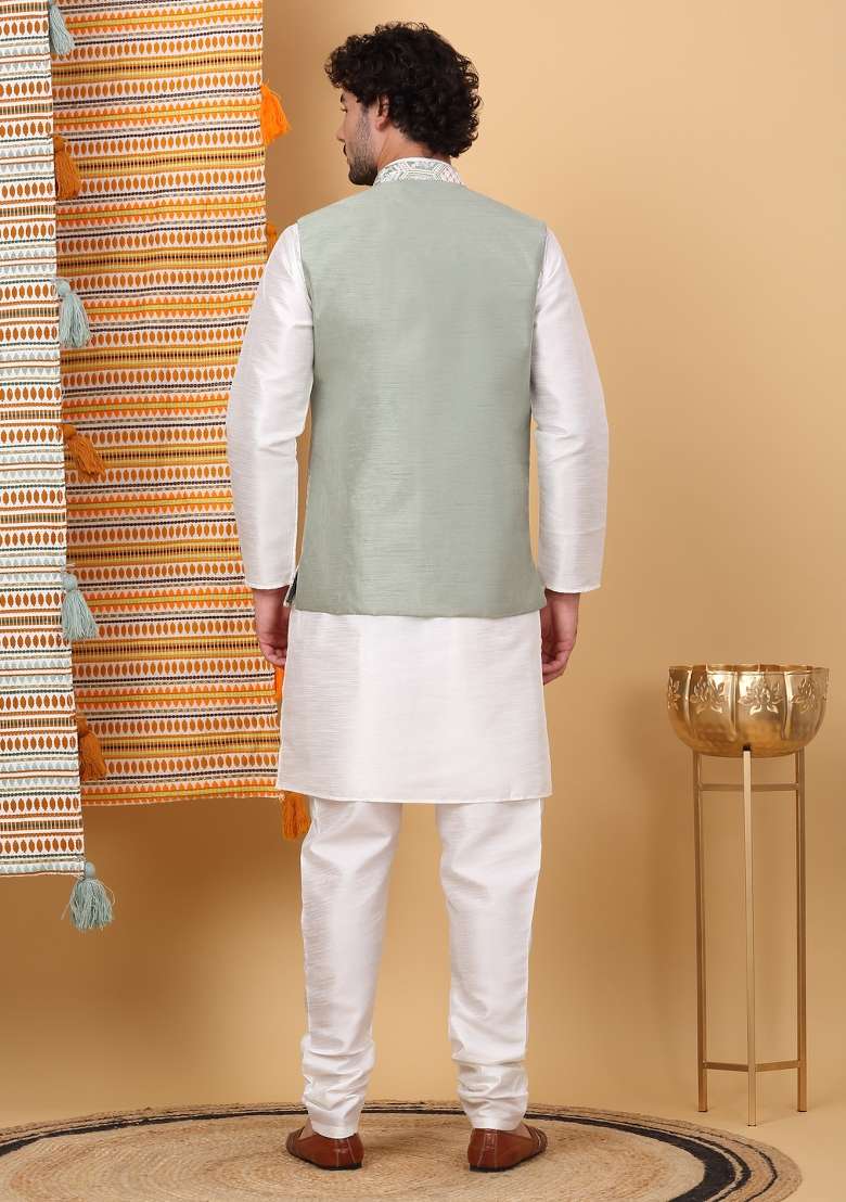 Cream And Olive Embroidered Silk Blend Nehru Jacket Set For Men - Indya