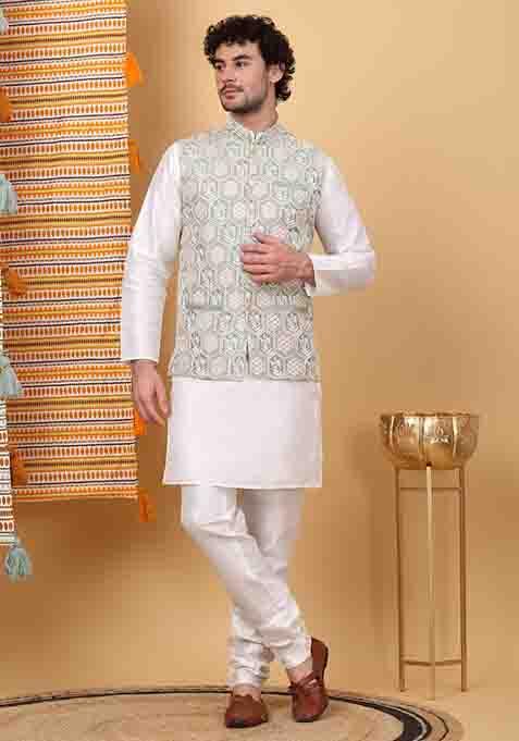 Cream And Olive Embroidered Silk Blend Nehru Jacket Set For Men