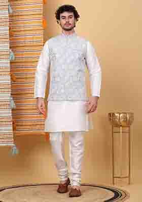 Cream And Sky Blue Embroidered Silk Blend Nehru Jacket Set For Men