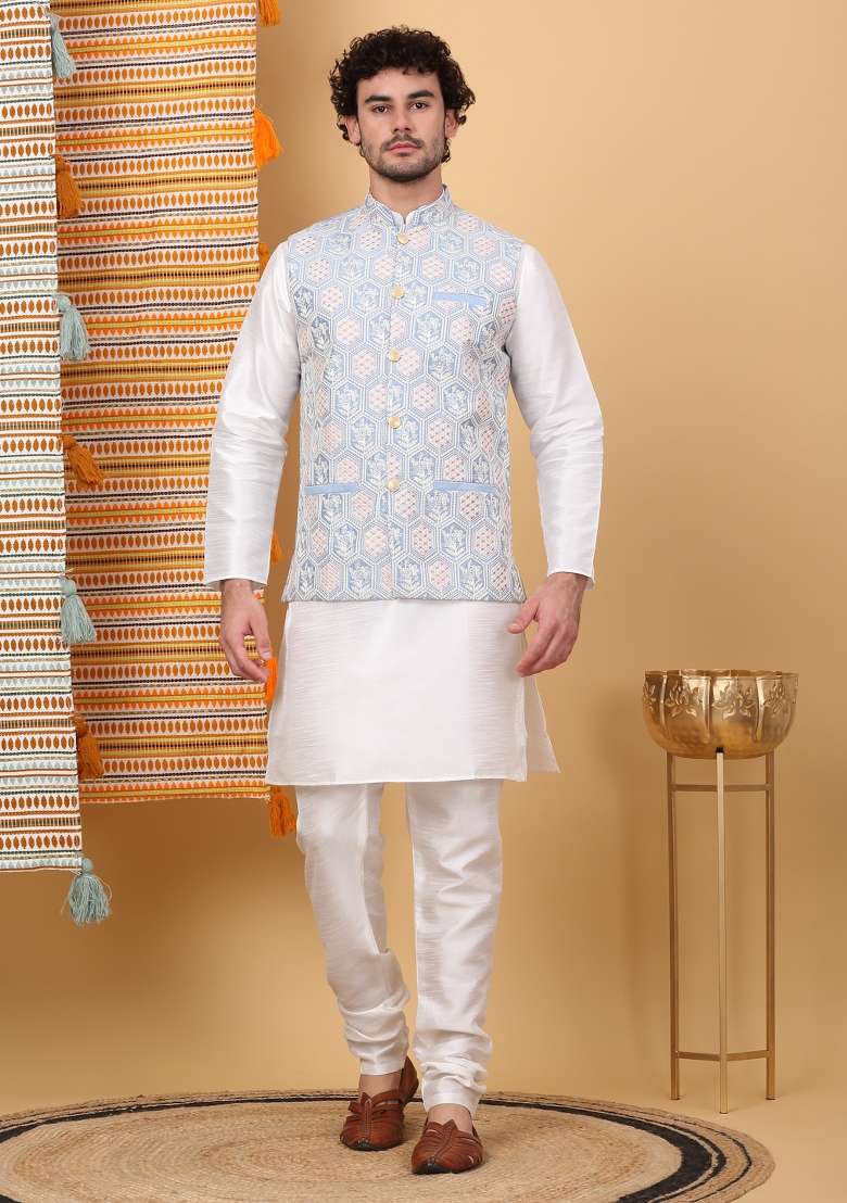 Cream And Sky Blue Embroidered Silk Blend Nehru Jacket Set For Men - Indya
