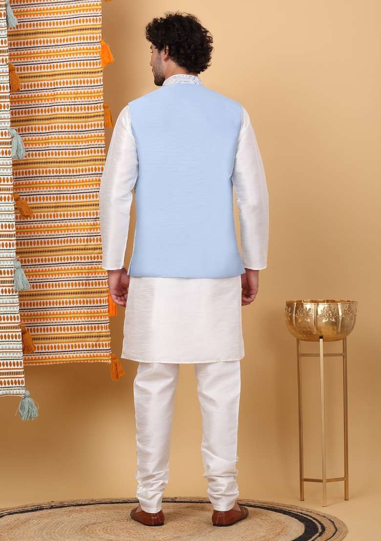 Cream And Sky Blue Embroidered Silk Blend Nehru Jacket Set For Men - Indya
