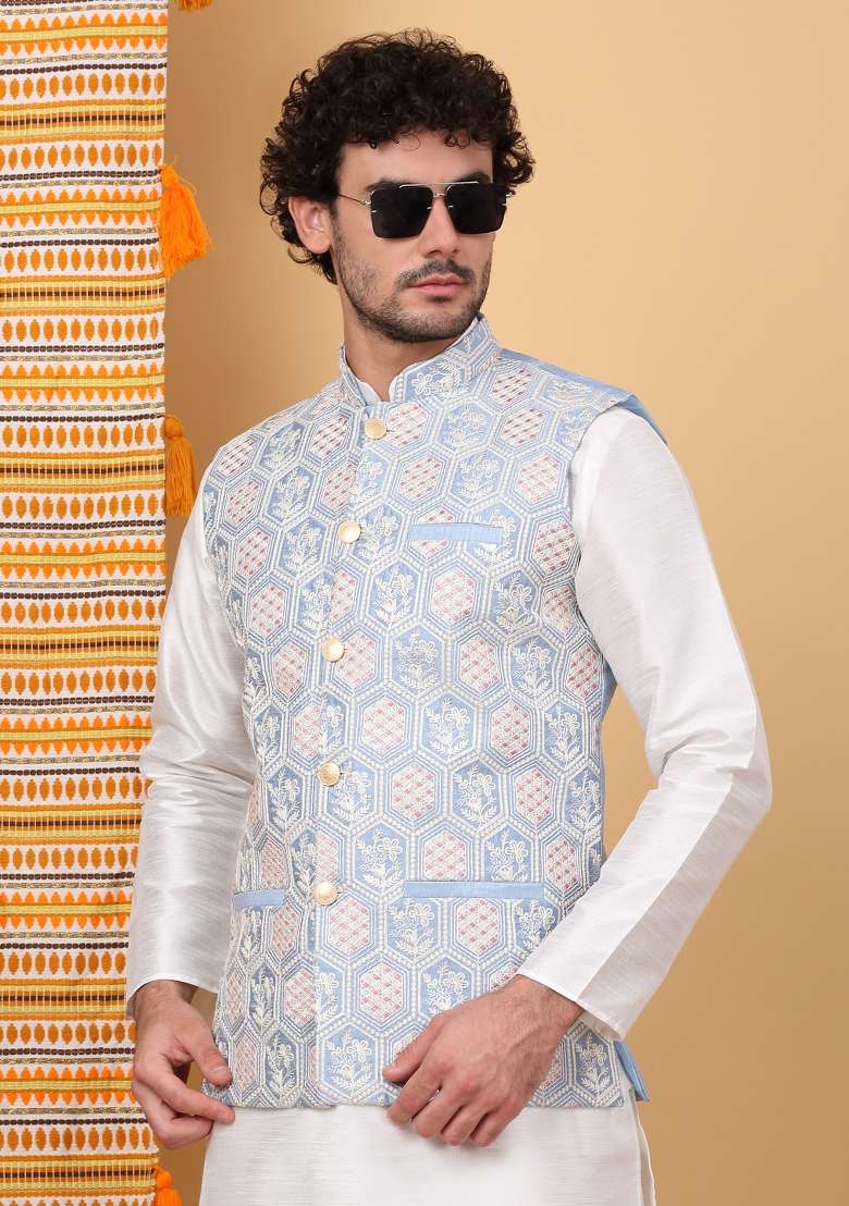 Cream And Sky Blue Embroidered Silk Blend Nehru Jacket Set For Men - Indya