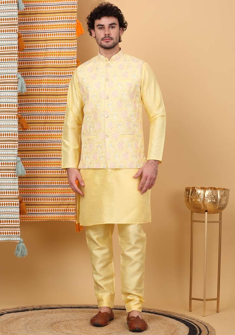 Lime Yellow Embroidered Silk Blend Nehru Jacket Set For Men - Indya