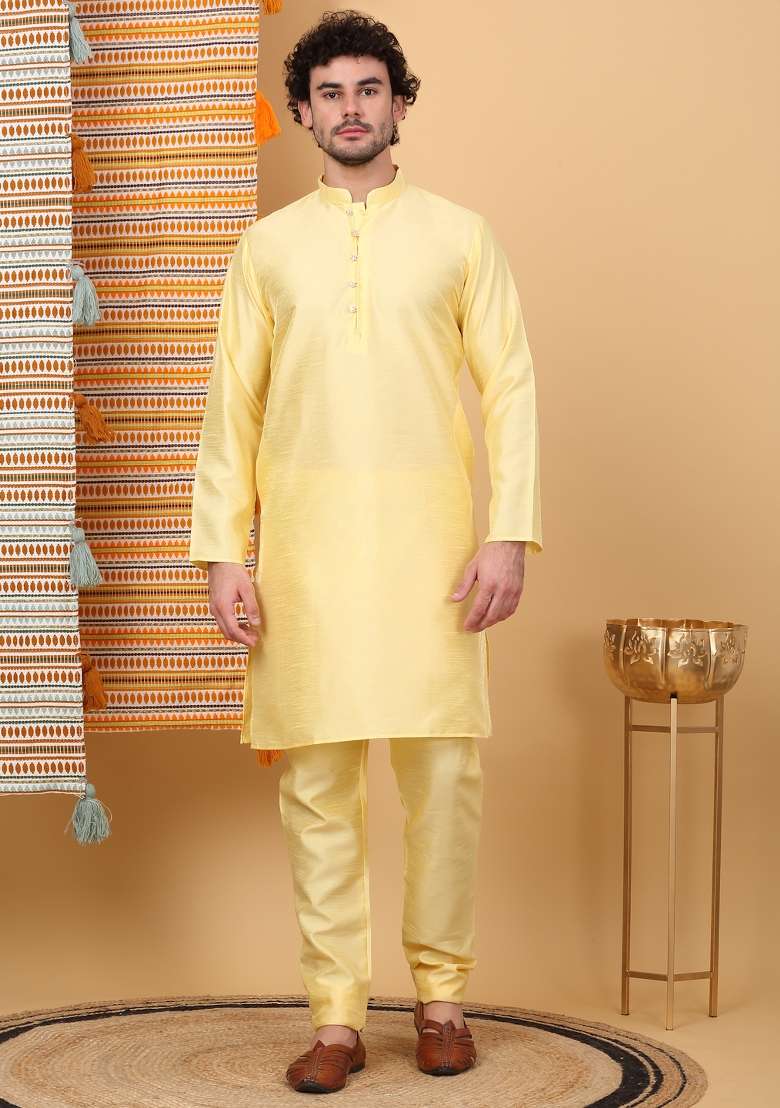Lime Yellow Embroidered Silk Blend Nehru Jacket Set For Men - Indya
