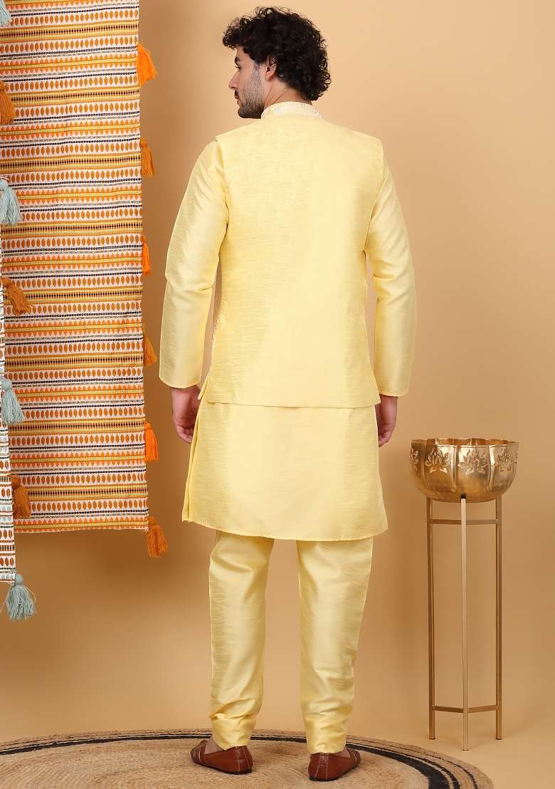 Lime Yellow Embroidered Silk Blend Nehru Jacket Set For Men - Indya