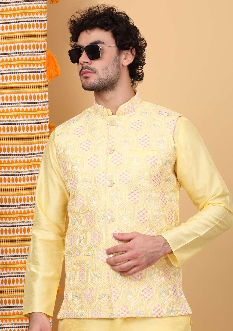 Lime Yellow Embroidered Silk Blend Nehru Jacket Set For Men - Indya