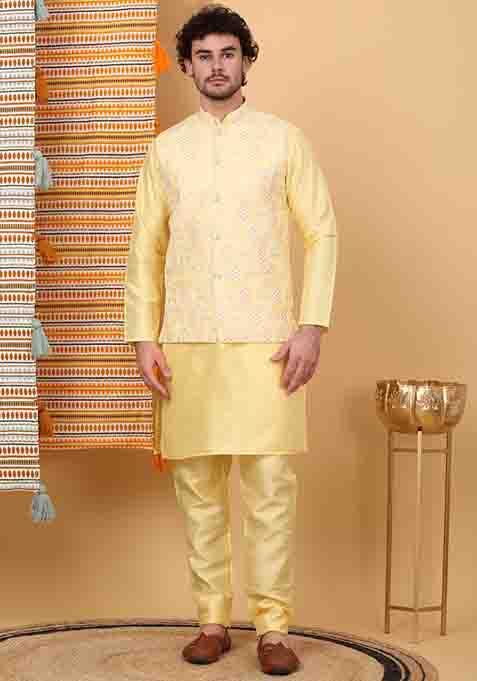 Lime Yellow Embroidered Silk Blend Nehru Jacket Set For Men