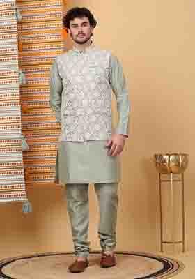 Olive Green Embroidered Silk Blend Nehru Jacket Set For Men