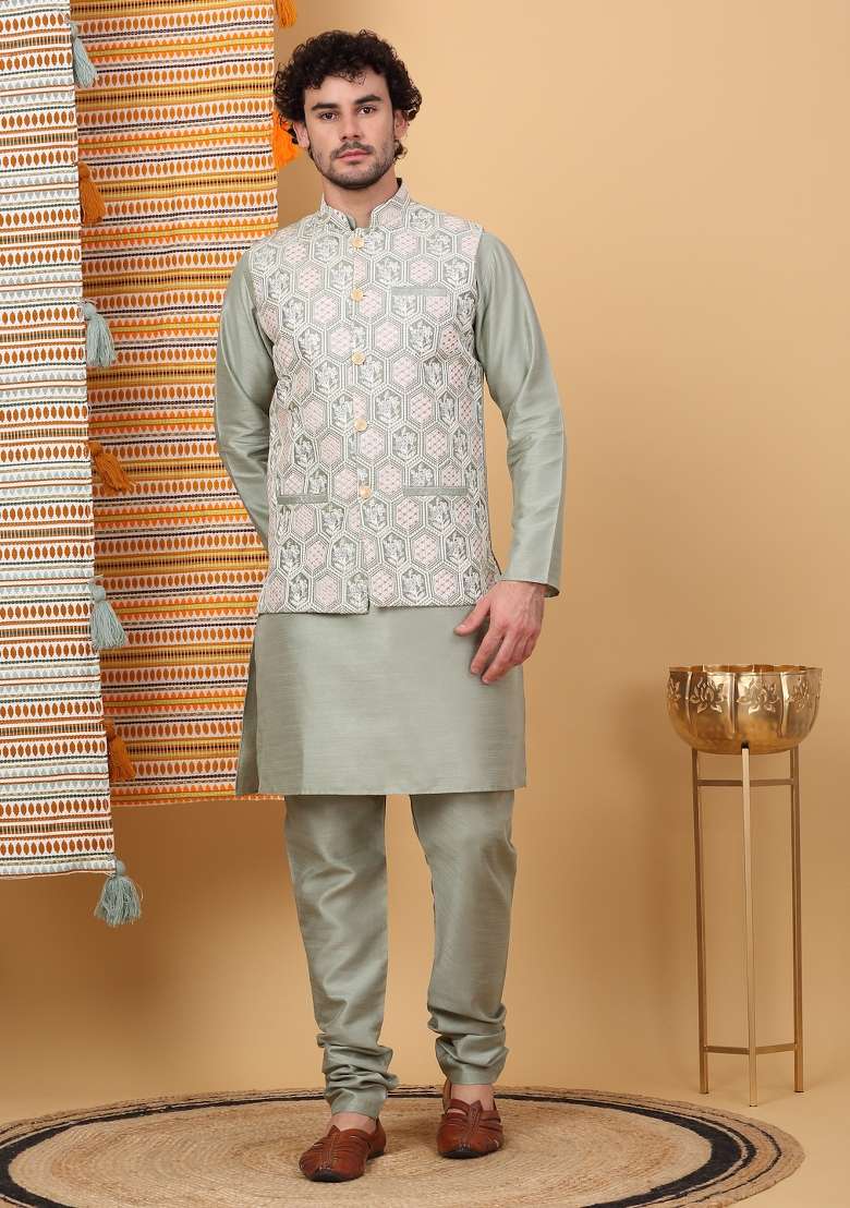 Olive Green Embroidered Silk Blend Nehru Jacket Set For Men - Indya