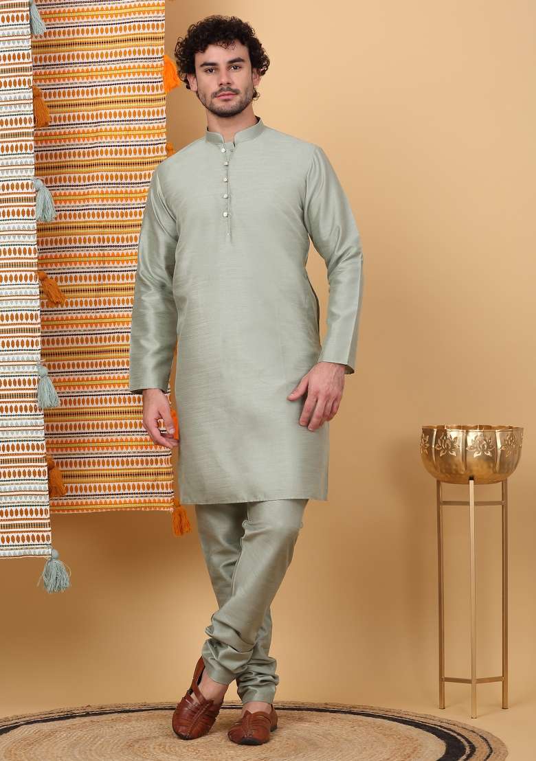 Olive Green Embroidered Silk Blend Nehru Jacket Set For Men - Indya